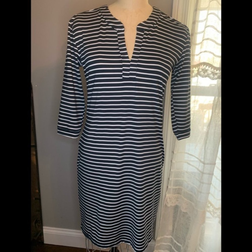 NWT MARY SQUARE Soft Knit Black White Striped Shift Dress Size XS